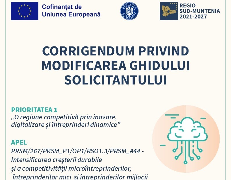 Corrigendum-ul numărul 1 pentru ghidul destinat microîntreprinderilor, întreprinderi mici și întreprinderilor mijlocii din regiunea Sud-Muntenia